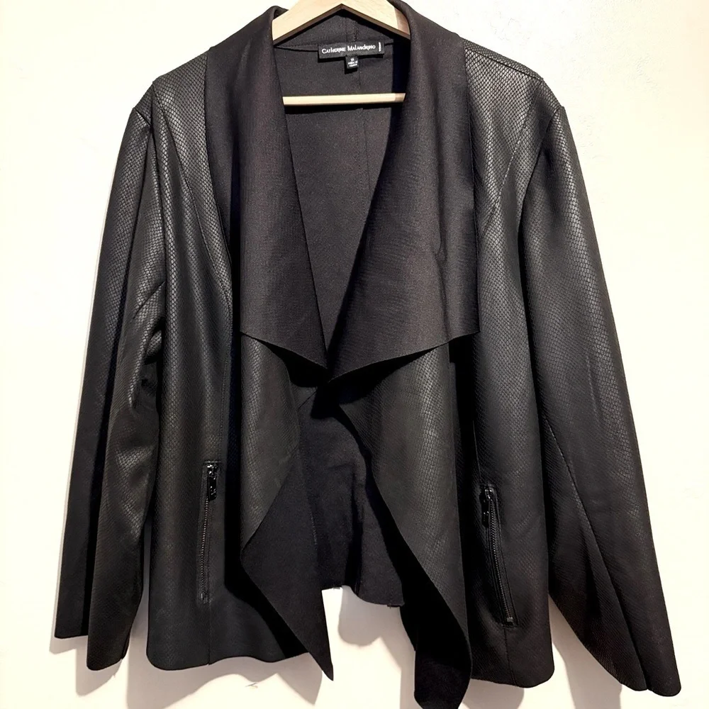 Catherine Malandrino Jacket 1X Black Faux Leather Snake Print Draped Open Front